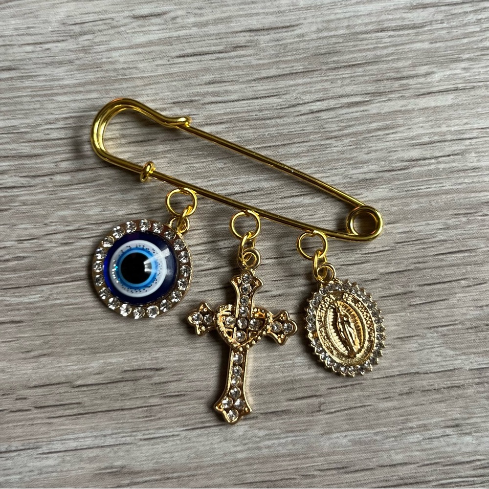 👑 Gold Cross Virgin Mary Evil Eye Protection Safety Pin